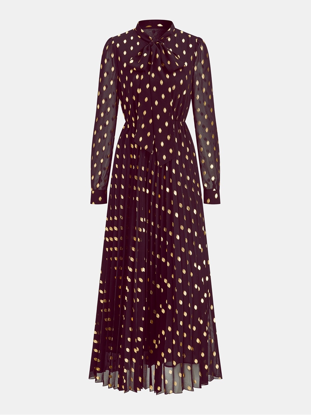 Commense Chiffon Foil Spot Print Pleated Maxi Dress with Neck Tie